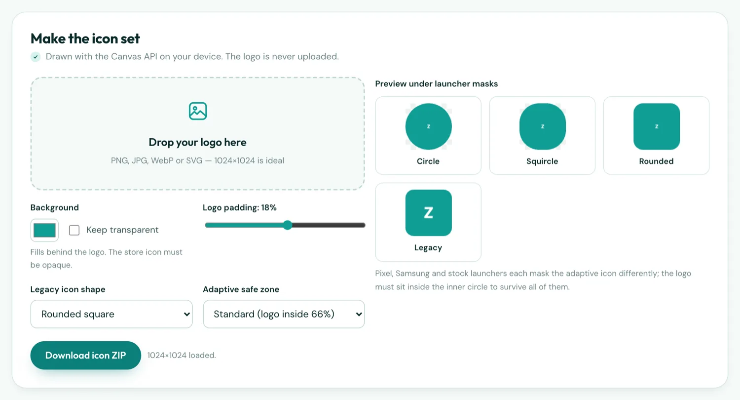 The APK Icon Maker previewing a logo under circle, squircle, rounded and legacy masks
