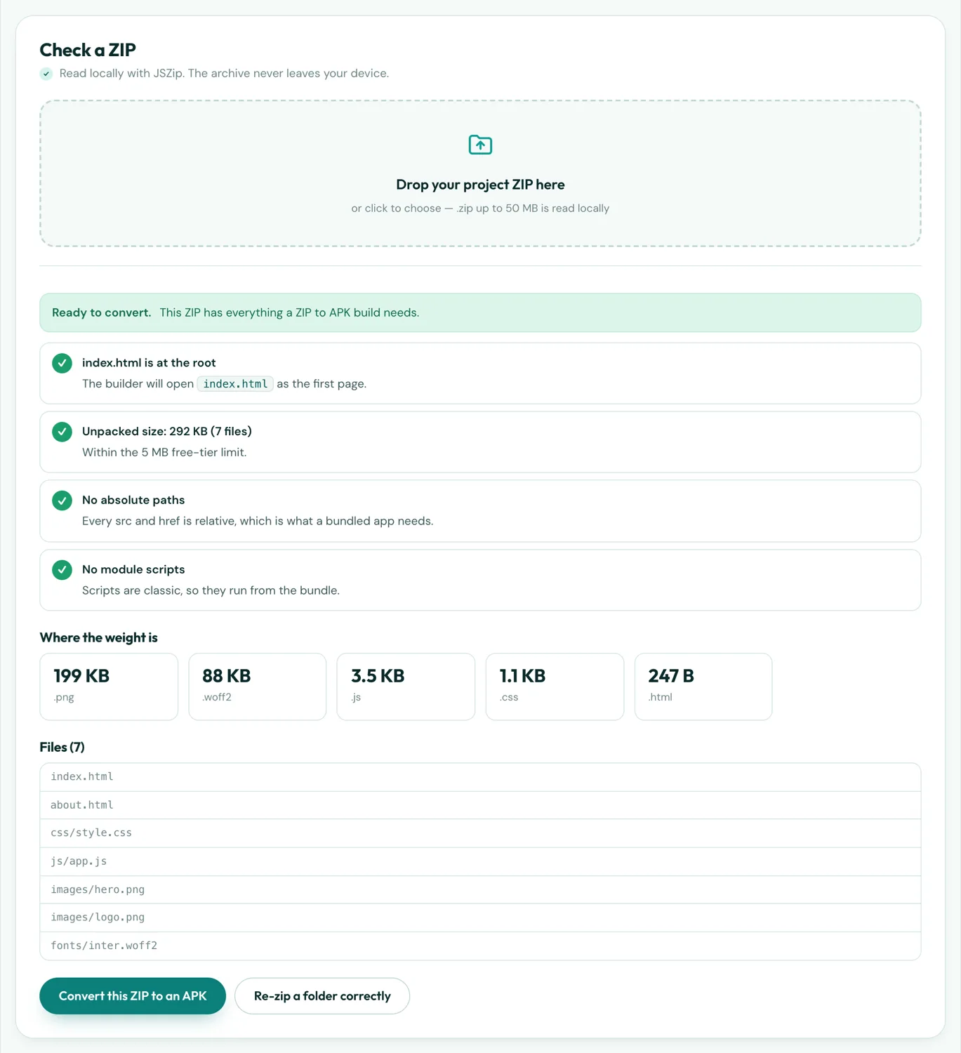The ZIP to APK Checker showing a green checklist for a correctly structured archive
